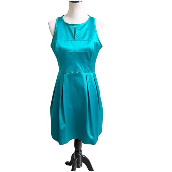 Karen Millen Satin Skater Dress Size 10 Fit & Flare Teal Blue Party Cocktail - Picture 2 of 10